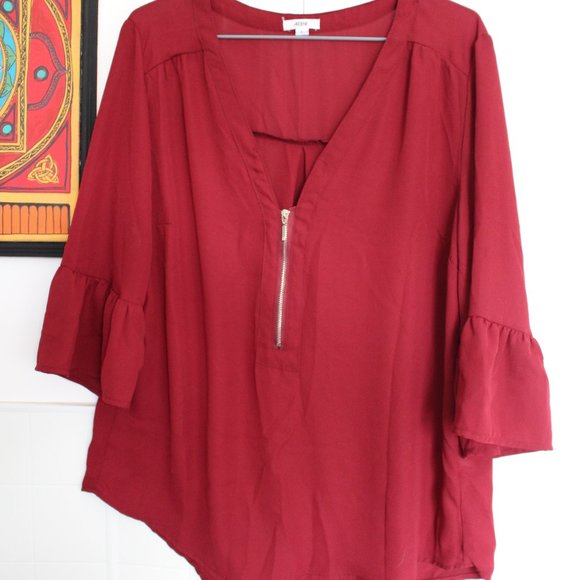 3/$20 Burgundy Blouse With Flared Sleeves & Zipper - Picture 3 of 9